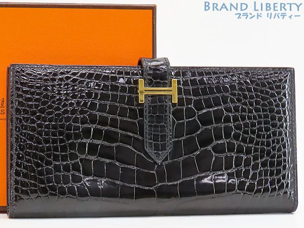 【ほぼ新品】エルメス　HERMES　ベアンスフレ　アリゲーター シャイニー　二つ折り長財布　マチ有り　クロコダイル　ブラック ゴールド金具　J