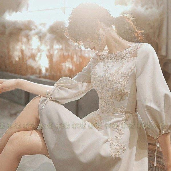 パーティドレス 結婚式 披露宴 Aラインドレス 膝丈ワンピース レディース 二次会ドレス 七分丈袖 上品 発表会演奏会 ギフト膝丈刺繍 ウエディングドレス20代30代