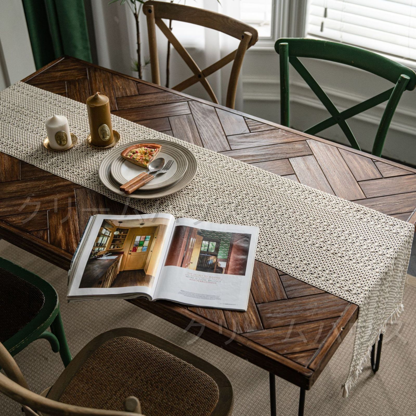 ダークブラウン木製座卓 編み込み装飾付き ダークブラウン木製座卓