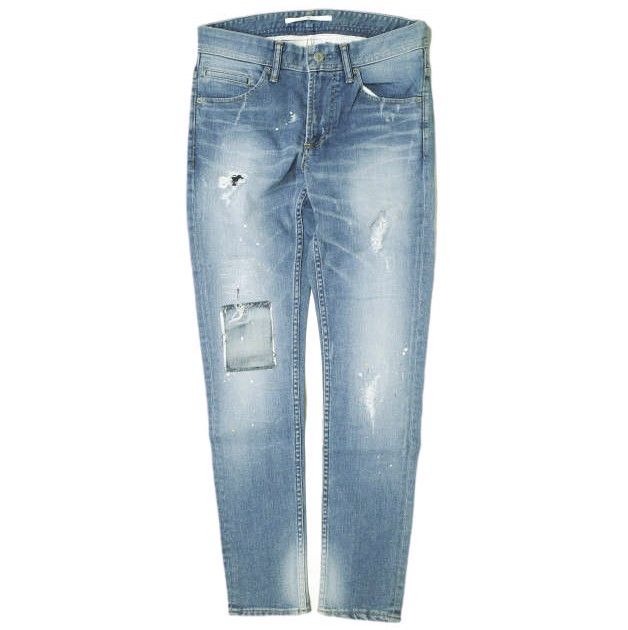 新品 e JEANS イージーンズ 日本製 PAINT STRETCH SLIM 岡山児島 ペイント＆リペア加工 ストレッチスリムデニムパンツ e801-008 0 MID BLUE ジップフライ ジーンズ 定価38，500円 ボトムス g17270