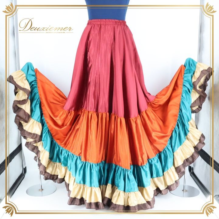 ベリーダンス 衣装 ジプシースカート 25ヤード バーヌローサ レッド系 赤 朱色 ブルー系 水色 クリーム色 ロング フリル BANU ROSA ボリューム コスチューム 練習 発表会 イベント カラフル ダンス衣装 おしゃれ かわいい バーヌローサスカート