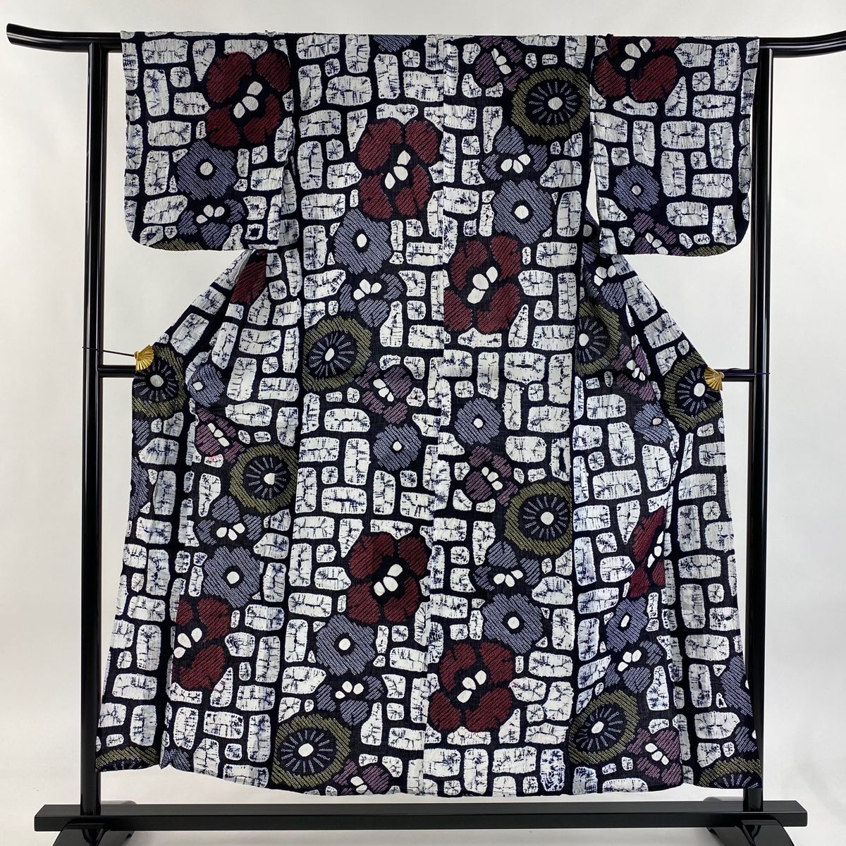 浴衣 身丈153cm 裄丈63cm S 絞り浴衣 花 幾何学 紺色 綿 名品