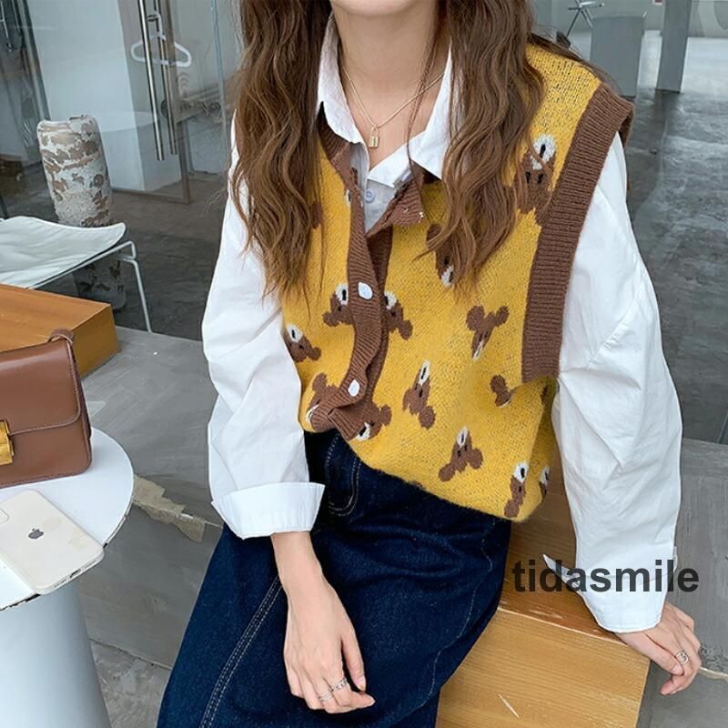 レディース フロントボタン ニット ベスト セーター トップス アニマル柄 かわいい カジュアル 秋 秋服 秋冬 春 通勤 通学