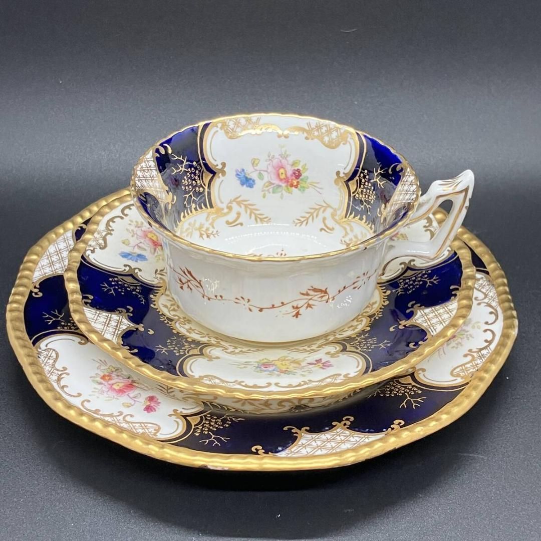 英国 アンティーク コールポート バットウィング トリオセット カップ ソーサー ケーキ皿 ハンドペイント イギリス Coalport 訳あり POP_24B