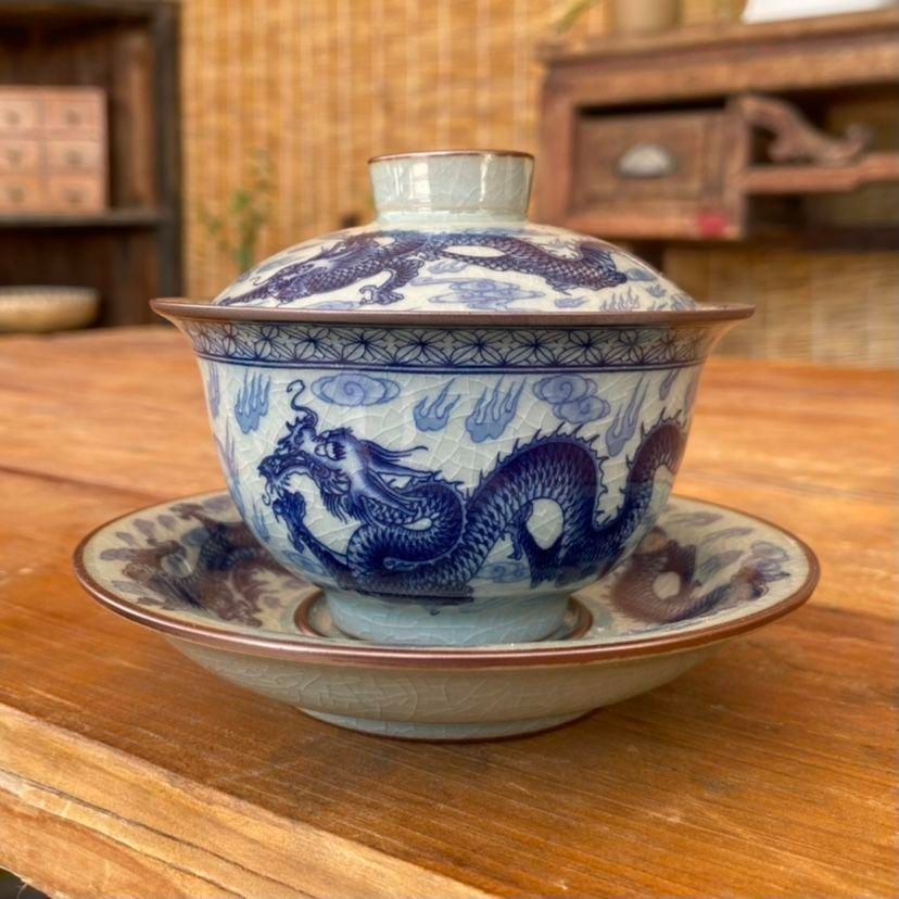 青花九龍紋蓋碗 中国茶器 景徳镇 蓋付き茶器 飲茶食器 煎茶具 未