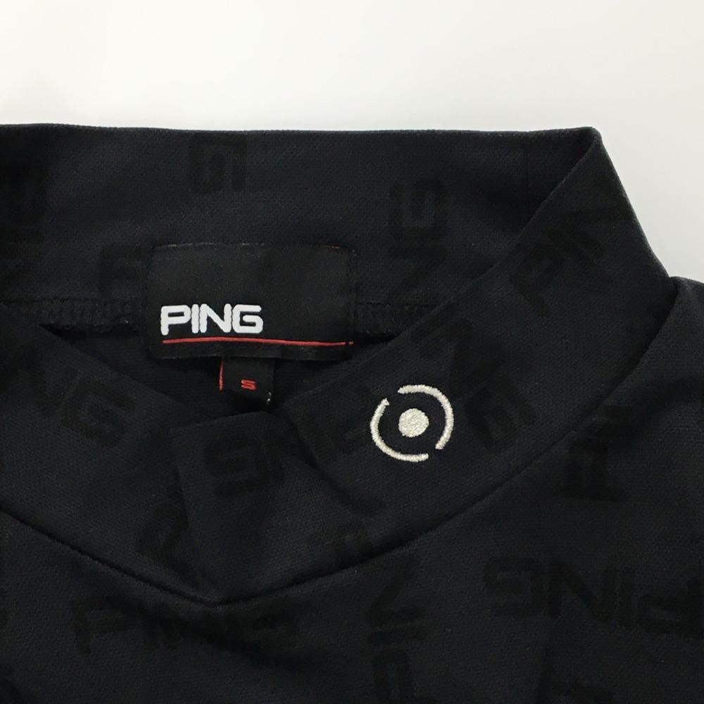 【新品•未使用品】PING ハイネックシャツ ブラック LL 超美品】ピン 半袖ハイネックシャツ 黒 ロゴ総柄地模様 胸ロゴ