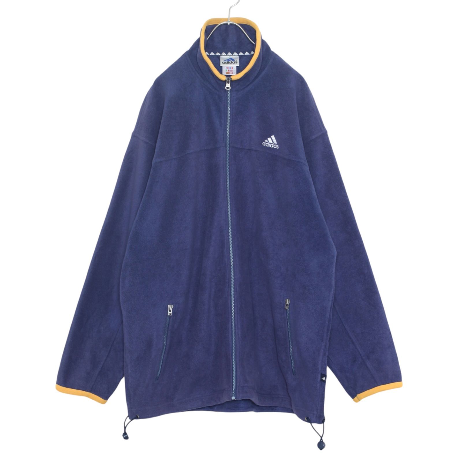 adidas フリース ノーカラージャケット 青　セットアップ 90s adidas フリース ジップアップ ジャケット ネイビー L 90年代