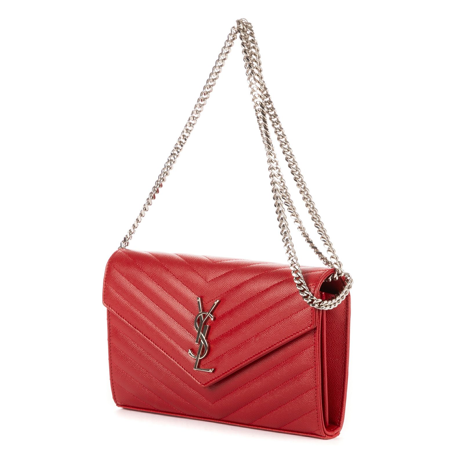 YVES SAINT LAURENT イヴサンローランチェーンウォレット赤マトラッセ グレイン ド プードルA