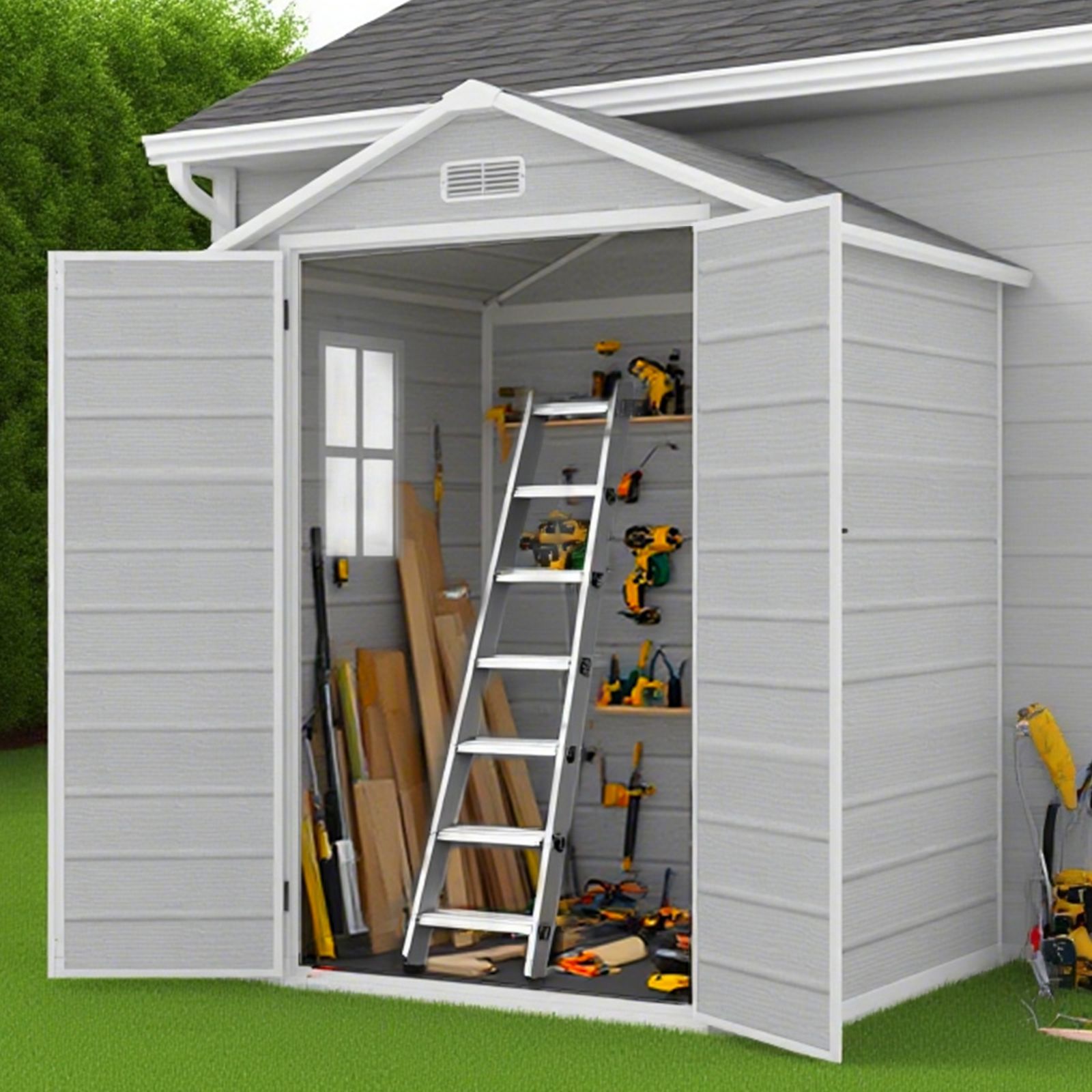 Donext 物置 屋外 樹脂製 倉庫 幅169×奥行135×高さ208cm 3500L 大型物置 戸外収納庫 窓付き 床板付き 防水 耐侯 ガーデン 庭 田畑 農場 頑丈 大容量 ライトグレー