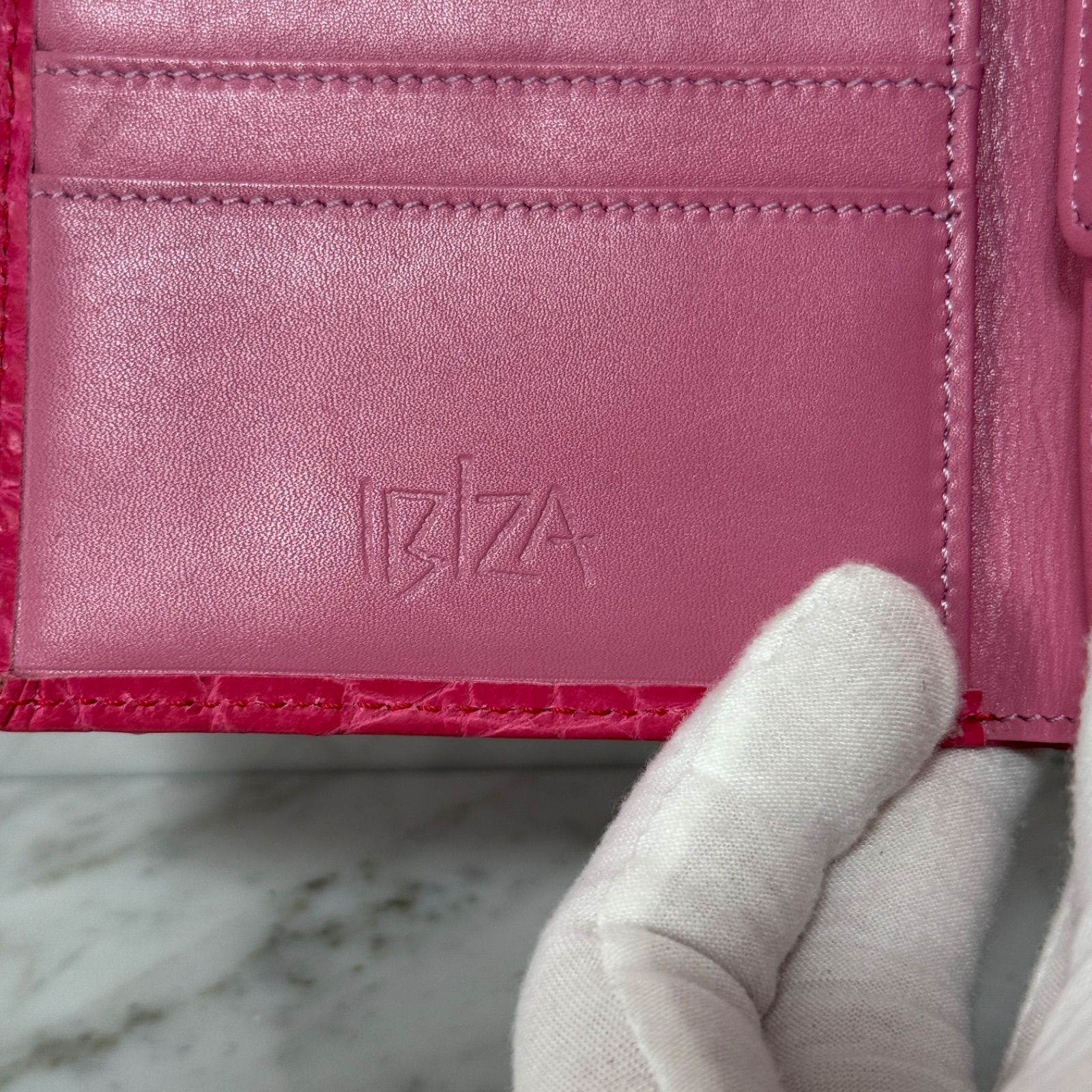 新品 未使用 IBIZA イビサ 二つ折り財布 ピンク クロコダイル 本革 