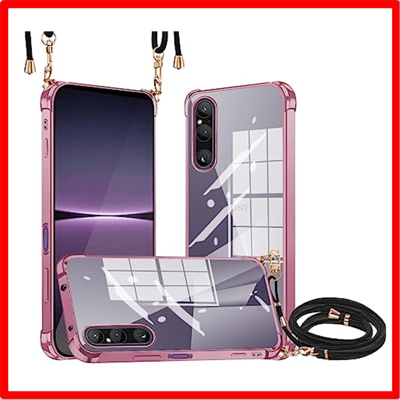 【セール中】 Xperia 1 V_ローズゴールド Xperia 1 V ケース クリア ショルダー 新型韓国 可愛い 薄型 軽量 TPU バンパー メッキ加工