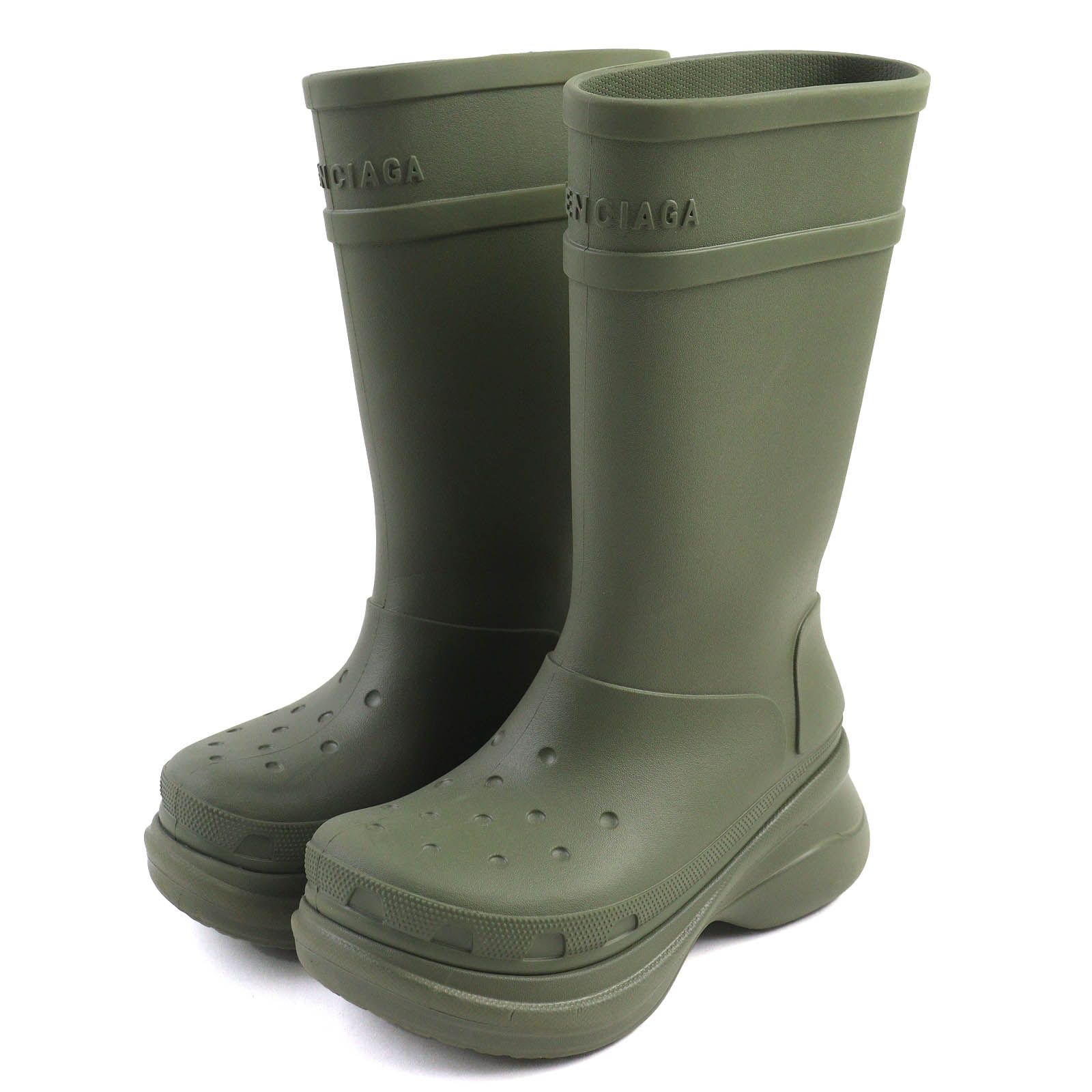 ドンドン見直し △BALENCIAGA バレンシアガ CROCS クロックス 677388 RUBBER CROCS BOOTS ラバー 厚底 ロングブーツ カーキ 40 レディース