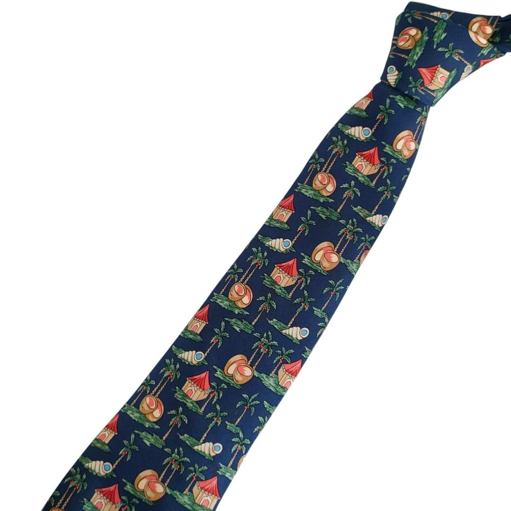 美品 HERMES エルメス シルク100％ リゾートプリント ヤシの木柄 南の島 貝殻 レギュラータイ ネクタイ 7516IA ネイビー マルチカラー メンズ 古着 中古 USED