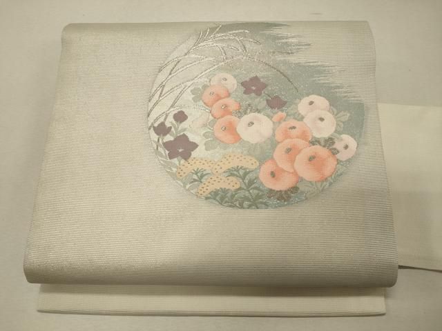 平和屋着物＊夏物　九寸名古屋帯　草花文　黒地　銀糸　正絹　逸品　DAAY8132cm 平和屋着物＊夏物 九寸名古屋帯 草花丸文 銀糸 正絹 逸品 CAAW8857oy