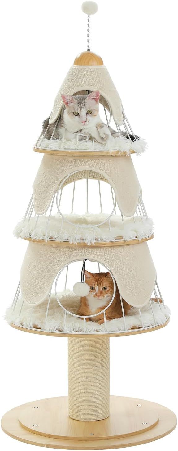 キャットタワー おしゃれ 猫タワー 猫ハウス 多頭飼い かわいい 3階建て 太 爪研ぎ ツリー型 キャットツリー クリスマスツリー ペット用品 スチール製 取り外し 安定 頑丈 キレイ - ホワイト 高さ130cm