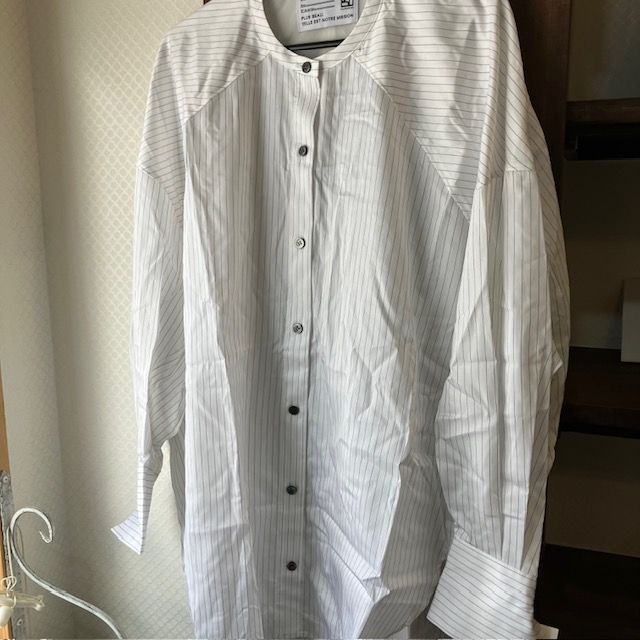 パシオーネ PASSIONE ストライプバンドカラーシャツ Cotton100