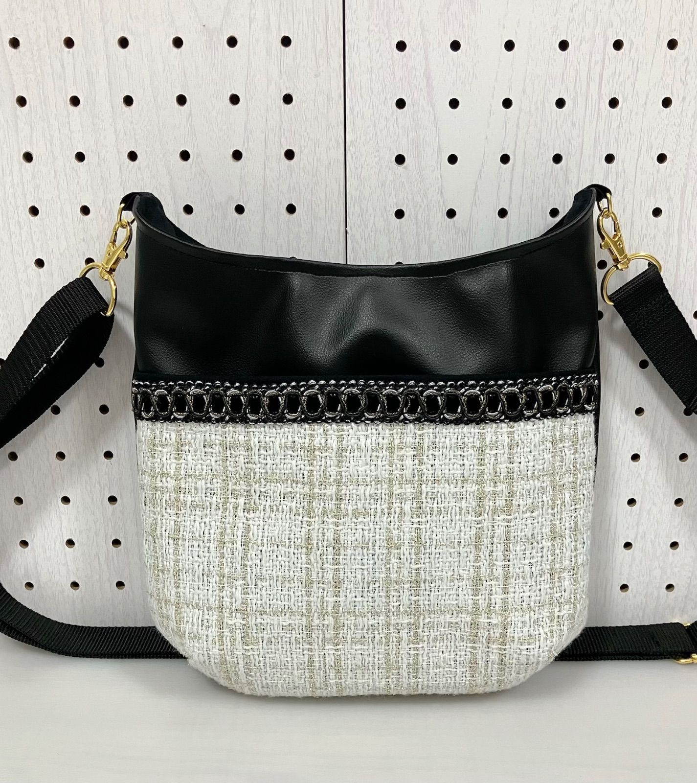 ハンドメイド＊ポシェット型 ツイード ホワイト系(857)