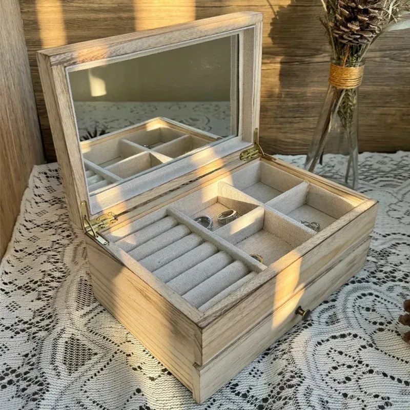 木製アクセサリーケース ミラー付き　ジュエリーボックス　アクセサリーボックス アクセサリー ケース ジュエリー ボックス エレガント 2段 木製 ミラー