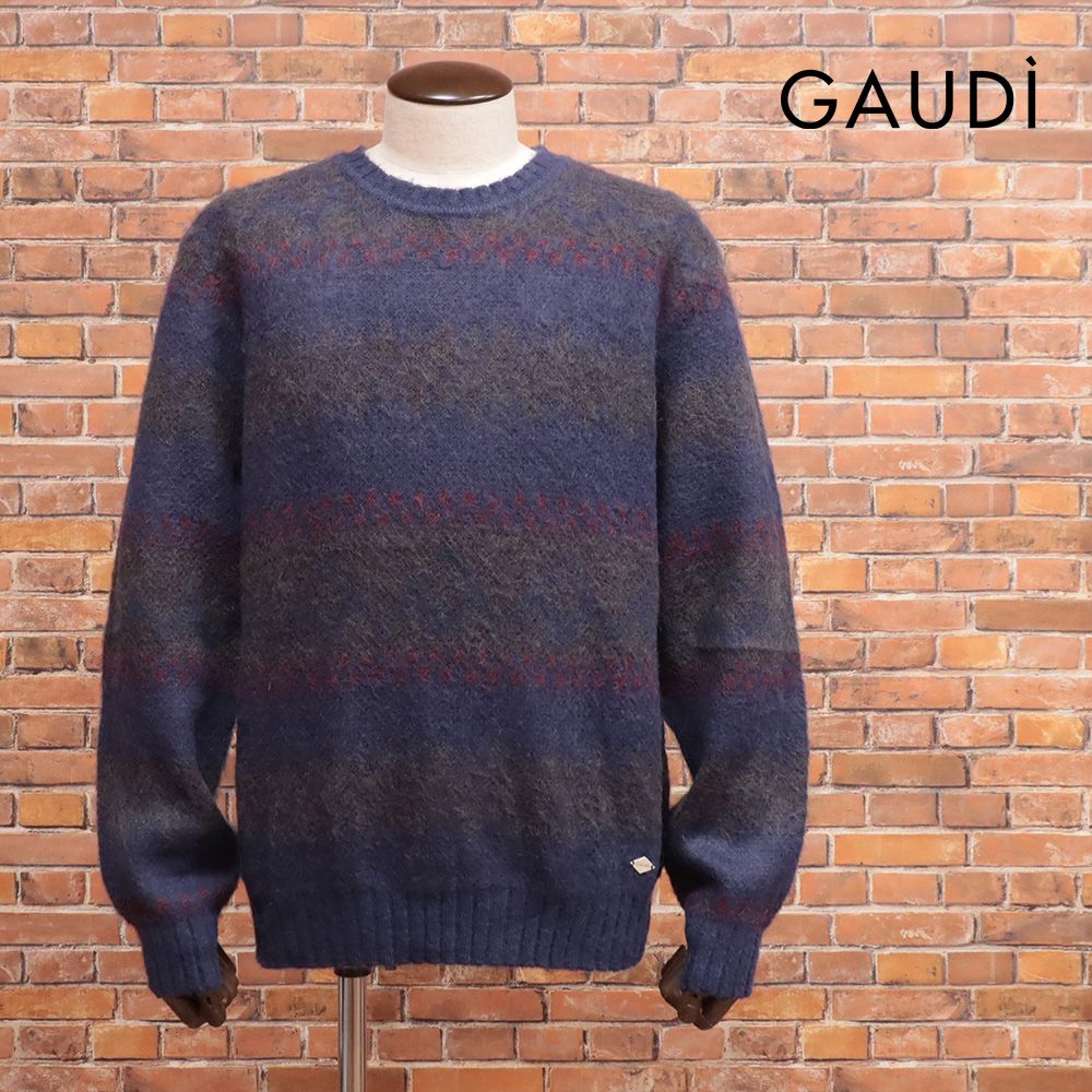 25秋冬/GAUDI/Lサイズ/長袖ニット C521GU53038  モヘアブレンド クルーネック セーター ボーダー ふわふわ 今季 メンズ 紳士 ガウディ 新品/紺/ネイビー/mc343/