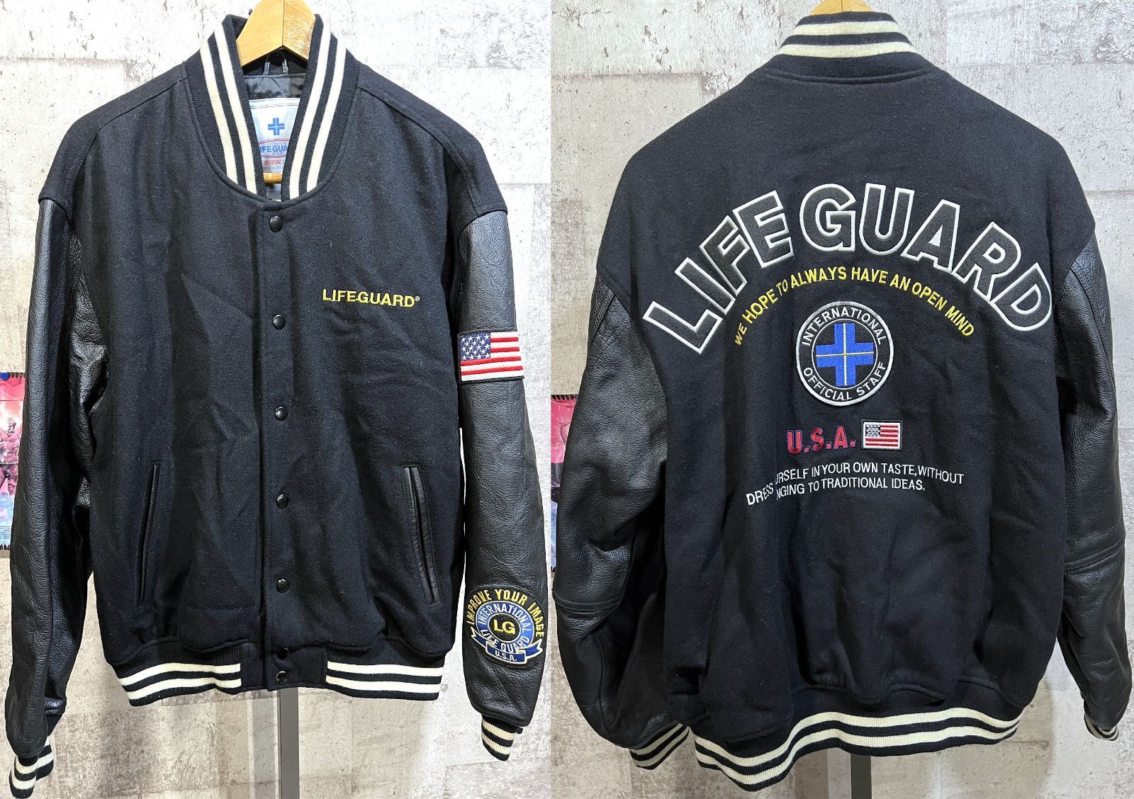 LIFE GUARD 袖革 スタジアムジャンパー M メンズ ライフガード スタジャン ブラック LIFE GUARD 袖革 スタジアムジャンパー M メンズ ライフガード