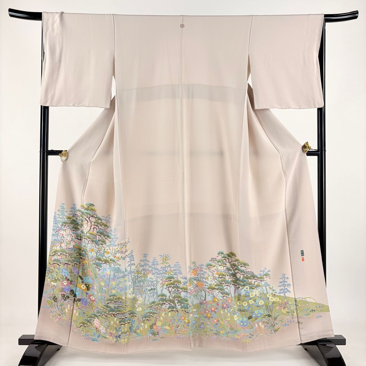 色留袖 身丈160cm 裄丈66.5cm M 袷 新緑 落款 松竹梅 菊 ぼかし 薄小豆 正絹 名品 一つ紋