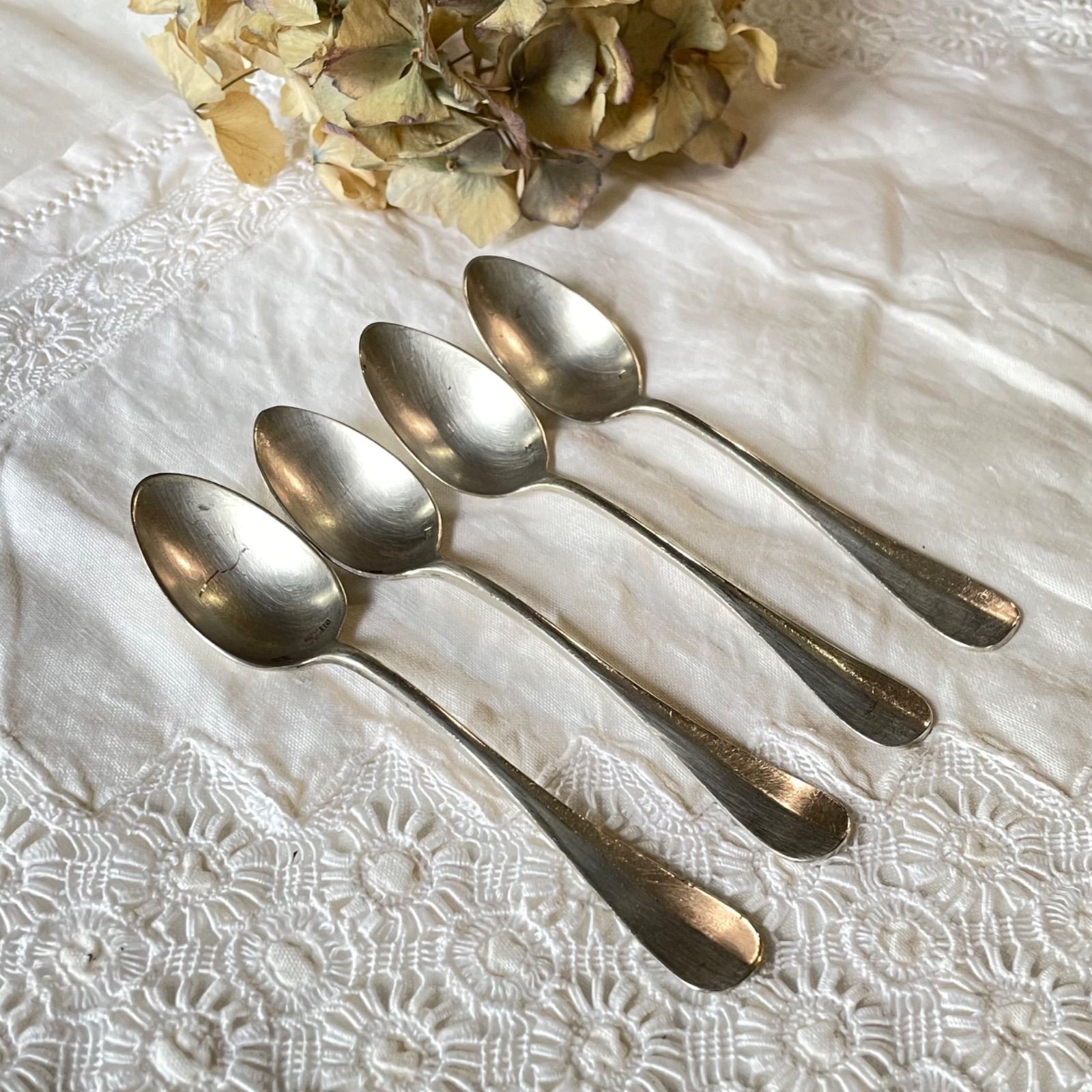 4本セット フランスアンティーク シルバーメタル デザートスプーン セット 853