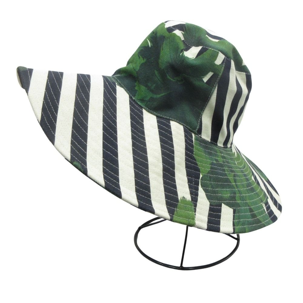 OSKLEN オスクレン 帽子 ハット つば広 ボタニカル ボーダー 総柄 サイズM 白 ホワイト 紺 ネイビー 緑 グリーン レディース 古着