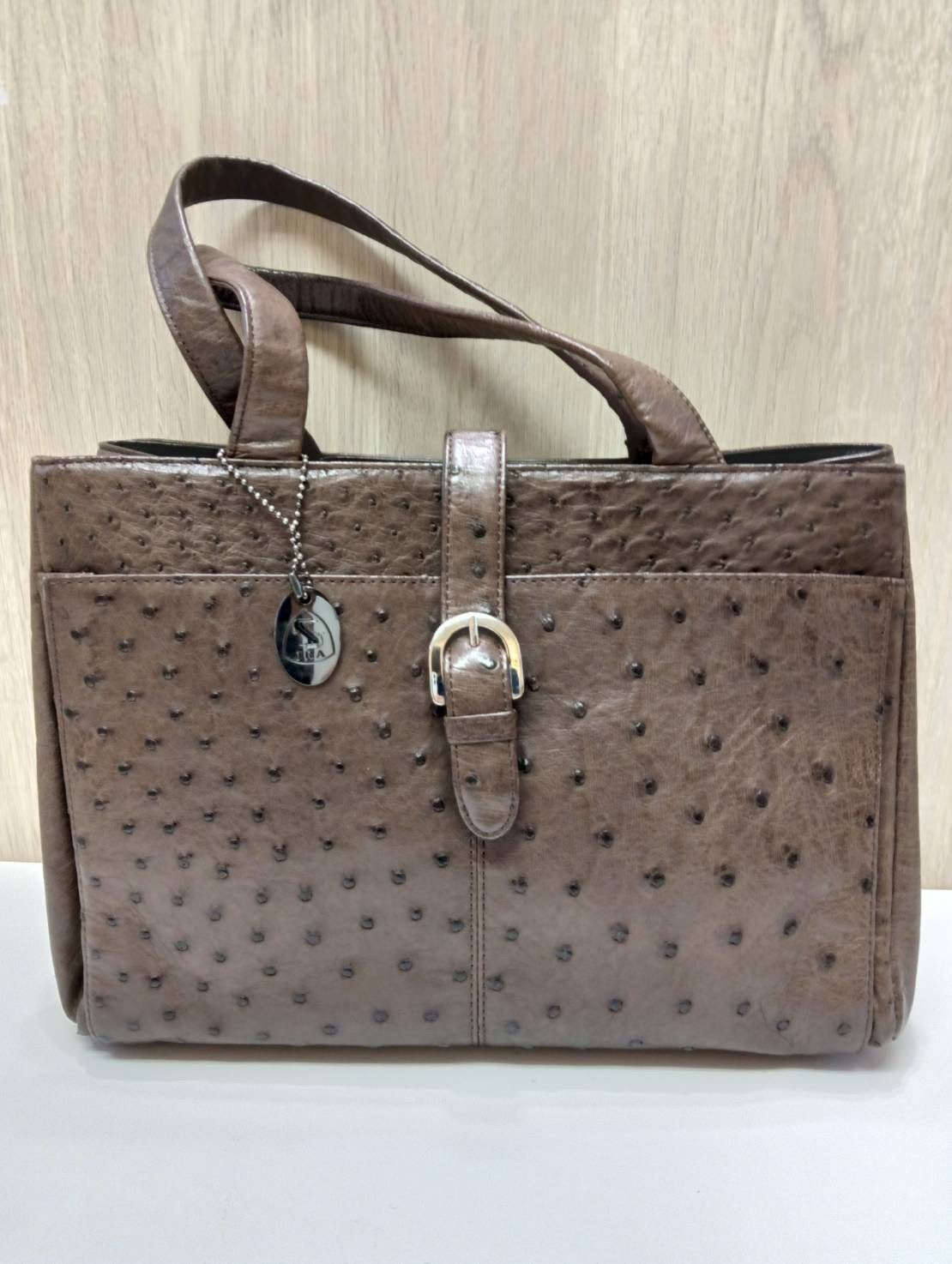 中古品】 JRA認定 オーストリッチ レザー ハンドバッグ 茶ブラウン