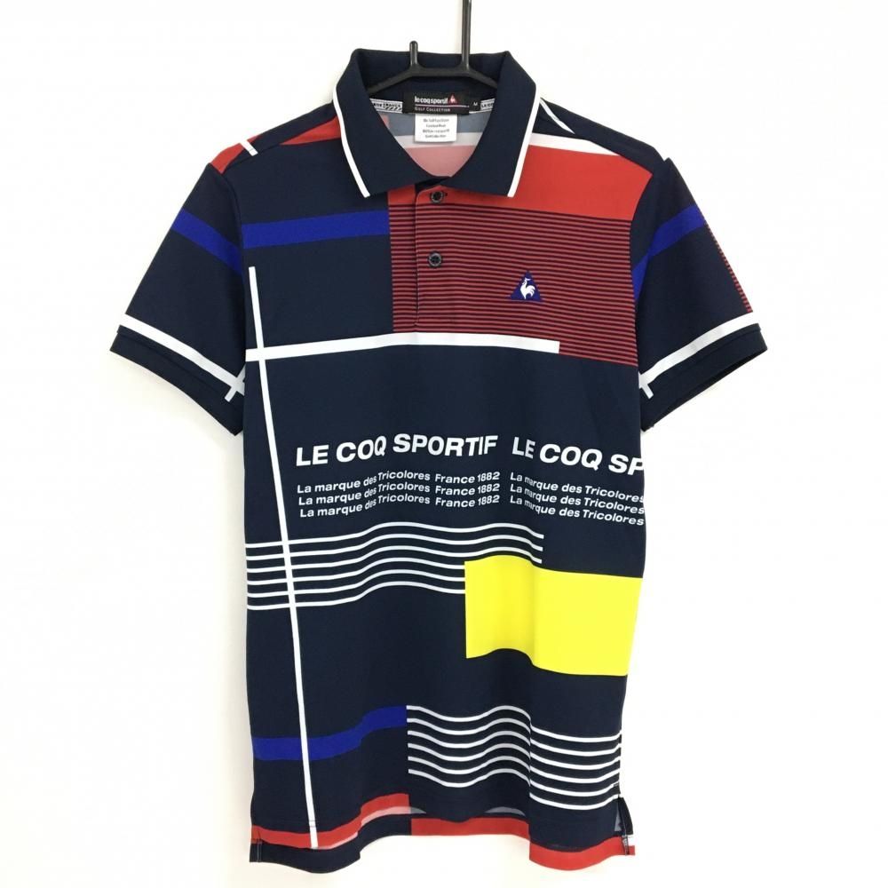 HOT，新品 【超美品】ルコック 半袖ポロシャツ ネイビー×白 総柄 一部ボーダー メンズ M ゴルフウェア le coq sportif シャツ