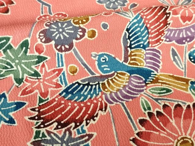 平和屋着物□上質な小紋 型染め 流水花鳥文 鬼しぼ縮緬 正絹