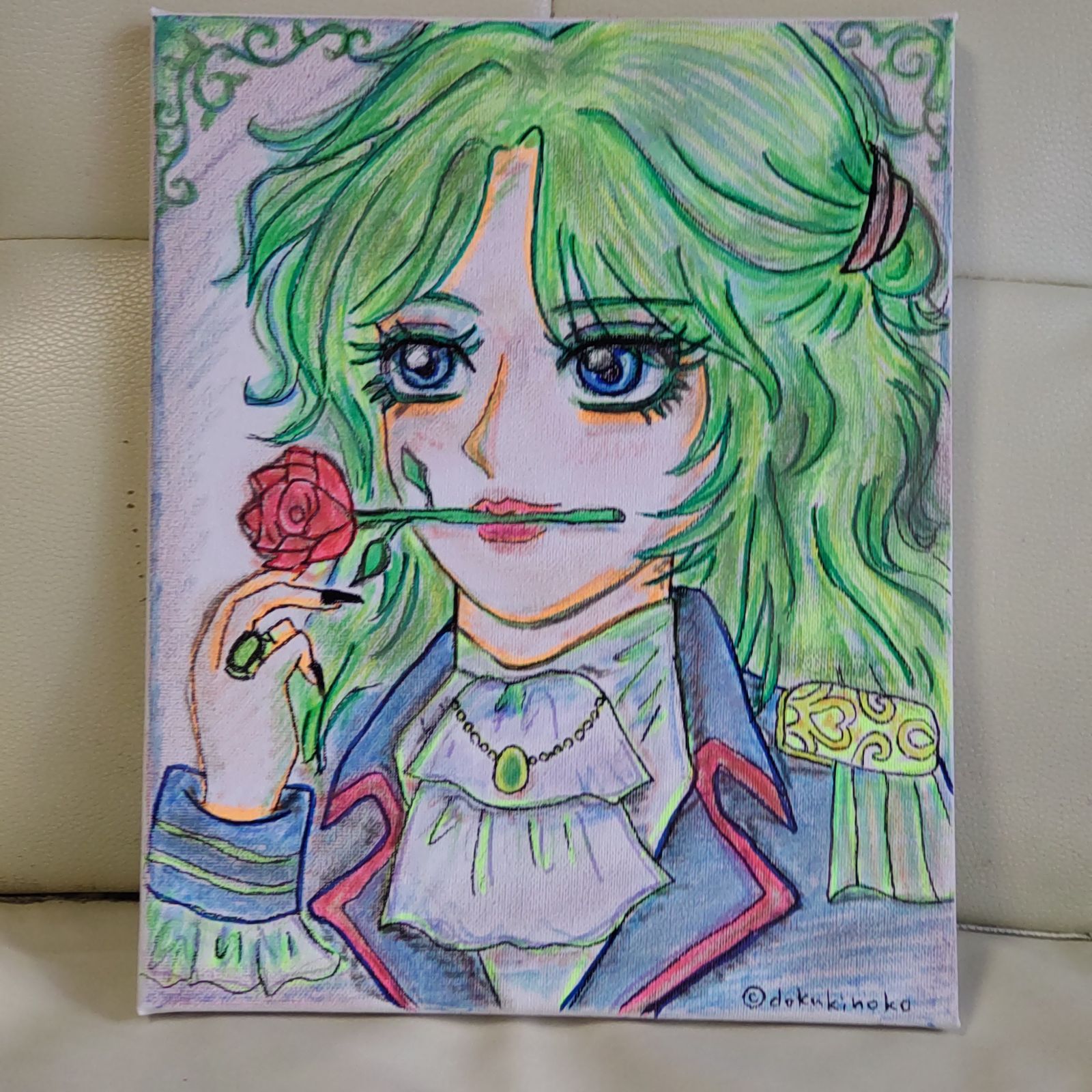 手描きイラスト キャンバスアート 「薔薇をくわえたレトロな美形