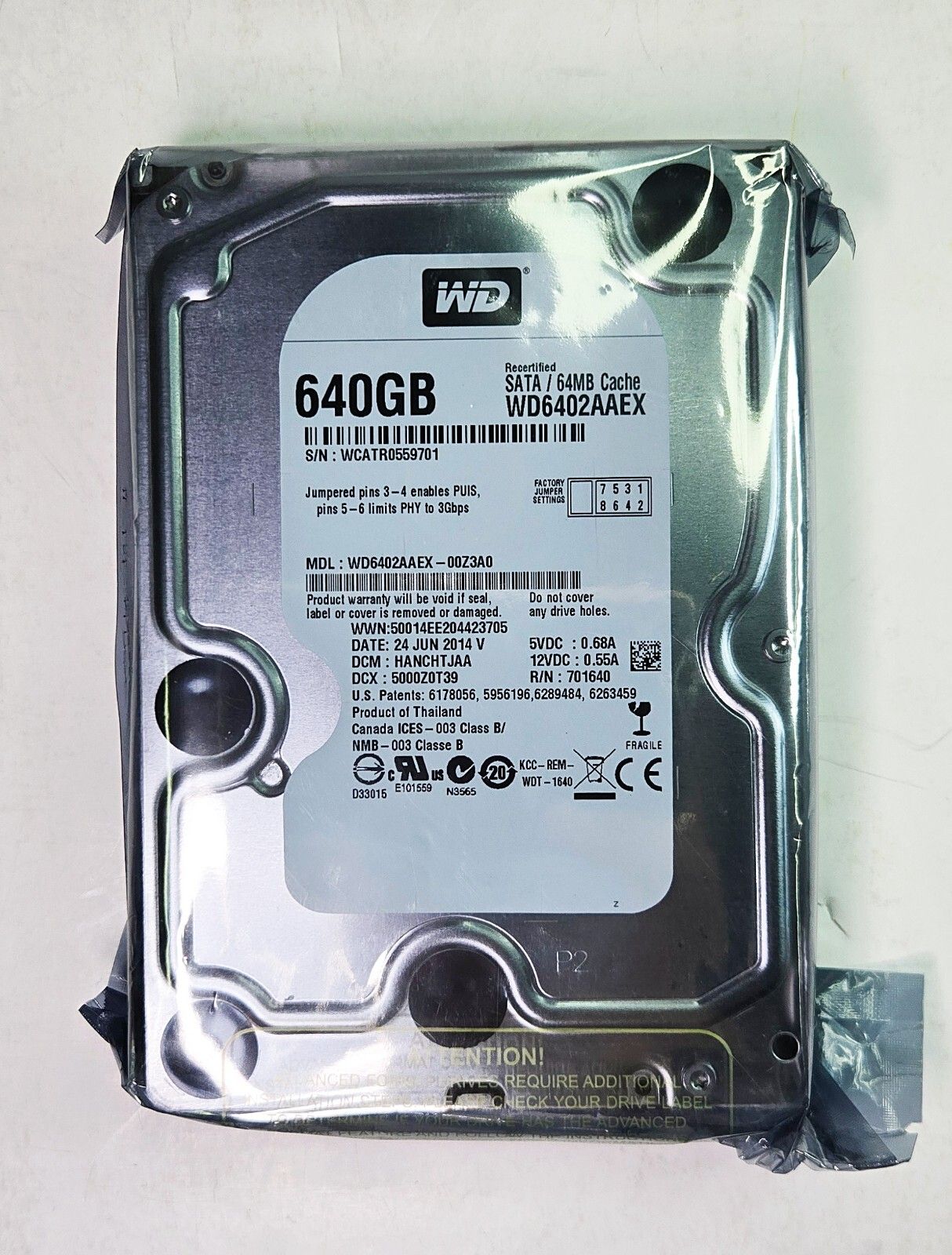 Western Digital 640GB WD6402AAEX 7200RPM 3.5 SATA Desktop Hard