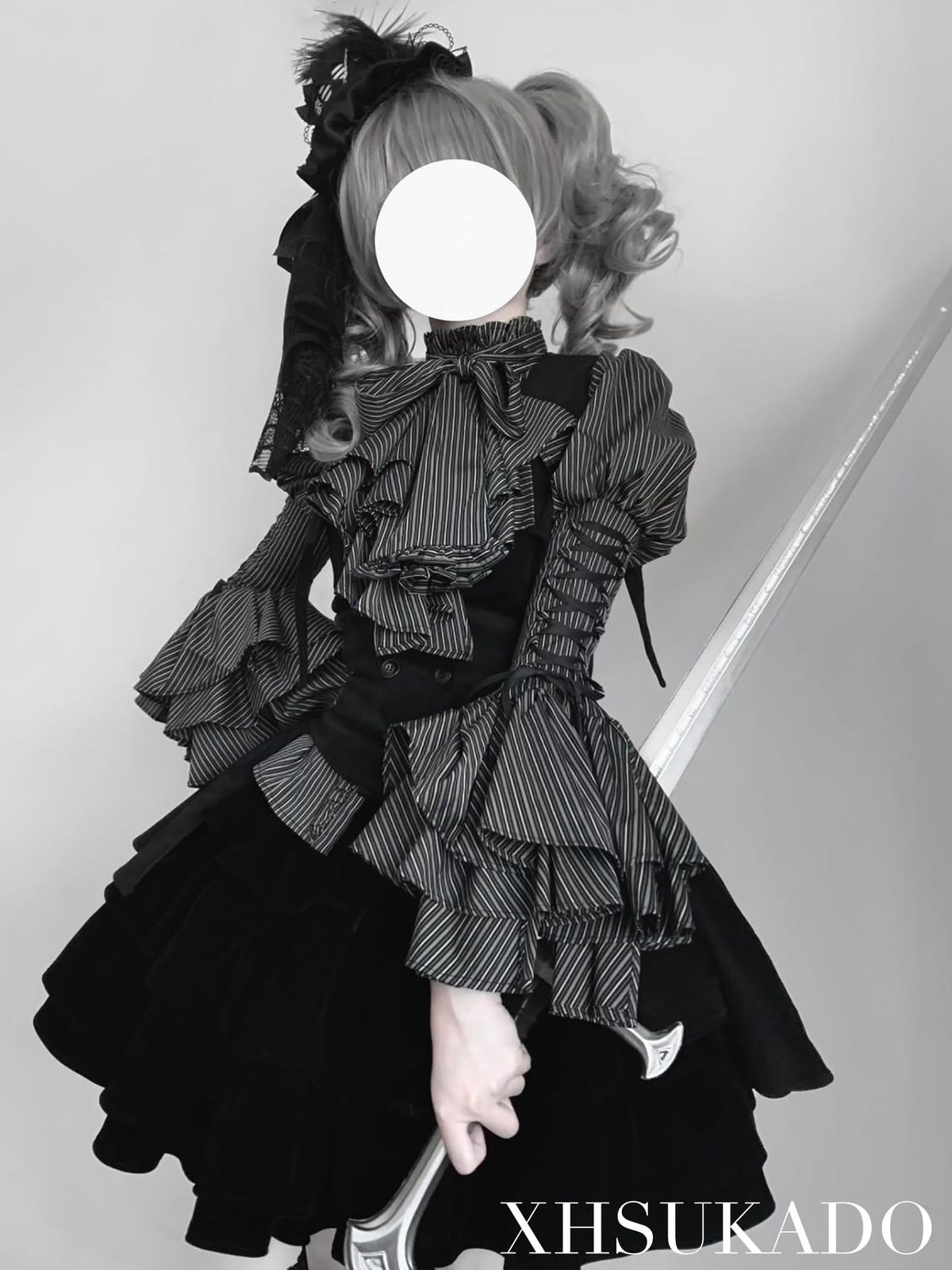 商品 ＸＨＳＵＫＡＤＯ ゴスロリ 3点セット セットアップ シャツ ベスト ミニ スカート レースアップ レディース 服 地雷系 ゴシック 上下着 コスプレ ドレス 大人 貴族 ストライプ 病みかわいい 姫袖 リボン ハロウィン 長袖 春 秋 夏 冬