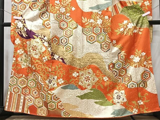 花車模様 レトロ 菊/牡丹/菖蒲/橘 珊瑚朱色 金彩 豪華 袷 正絹 振袖 着物 楽天市場】【新品】 振袖 袷 着物 正絹 絹 刺繍 水色 扇 四季の