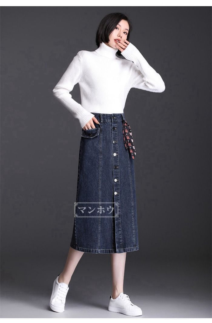 デニムスカート タイトスカート ロングスカート デニム レディース スカート マキシ丈 ロング タイト コットンデニム ストレッチ ハイウエスト ウエストゴム 体型カバー 着痩せ 無地 スリット入り th97687