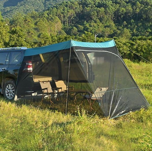 カーサイドタープ 車用タープトランクテント 車と連結 1-6人用 通気のB3メッシュ カーオーニングサンシェルター 簡単設置 キャンプ 虫よけ グリーン