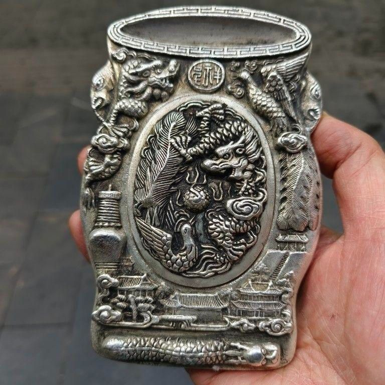 双竜硯 書道具 文房具 現代工芸品 美術品 置物 銅製 瑞獣双竜鎮