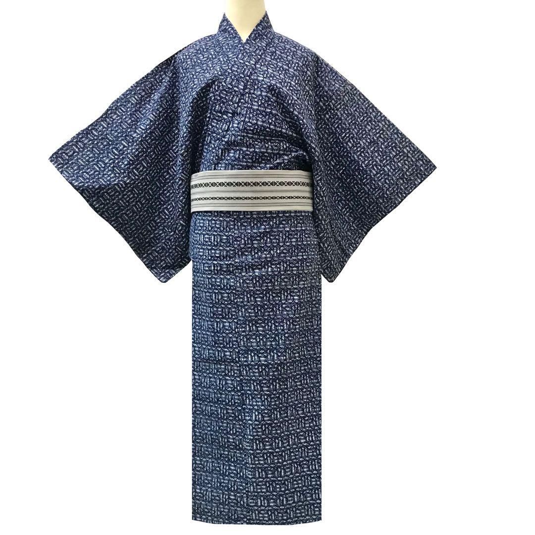 浴衣]未使用 男物 メンズ 綿 青色 格子模様 祭り 花火 夏物 リサイクル 