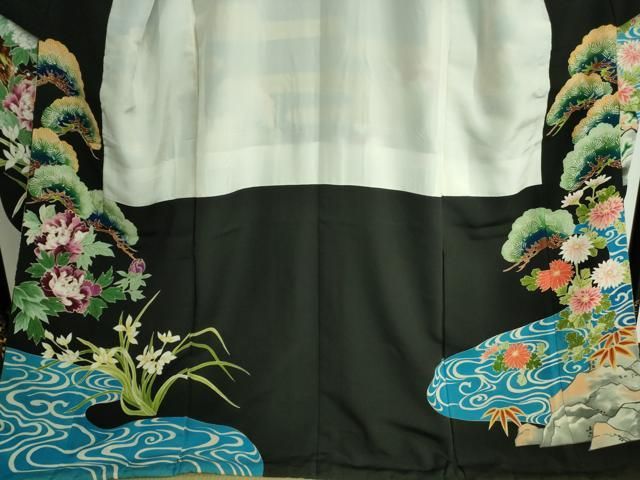 平和屋本店■極上　アンティーク　大正ロマン　振袖　飛鶴吉祥花文　黒地　金彩　逸品　DZAA8504kh5 平和屋本店□極上 アンティーク 大正ロマン 振袖 飛鶴吉祥花文 黒地