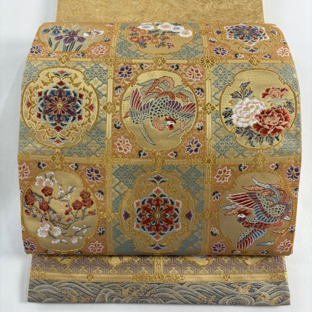 袋帯 美品 秀品 格天井 鳳凰 金糸 箔 金色 お太鼓柄 正絹 【中古