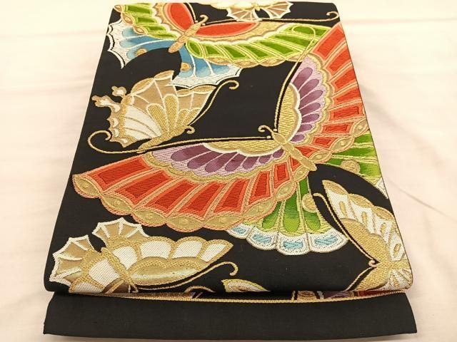 平和屋着物◎六通柄袋帯 唐織 舞蝶文 黒地 金糸 正絹 逸品