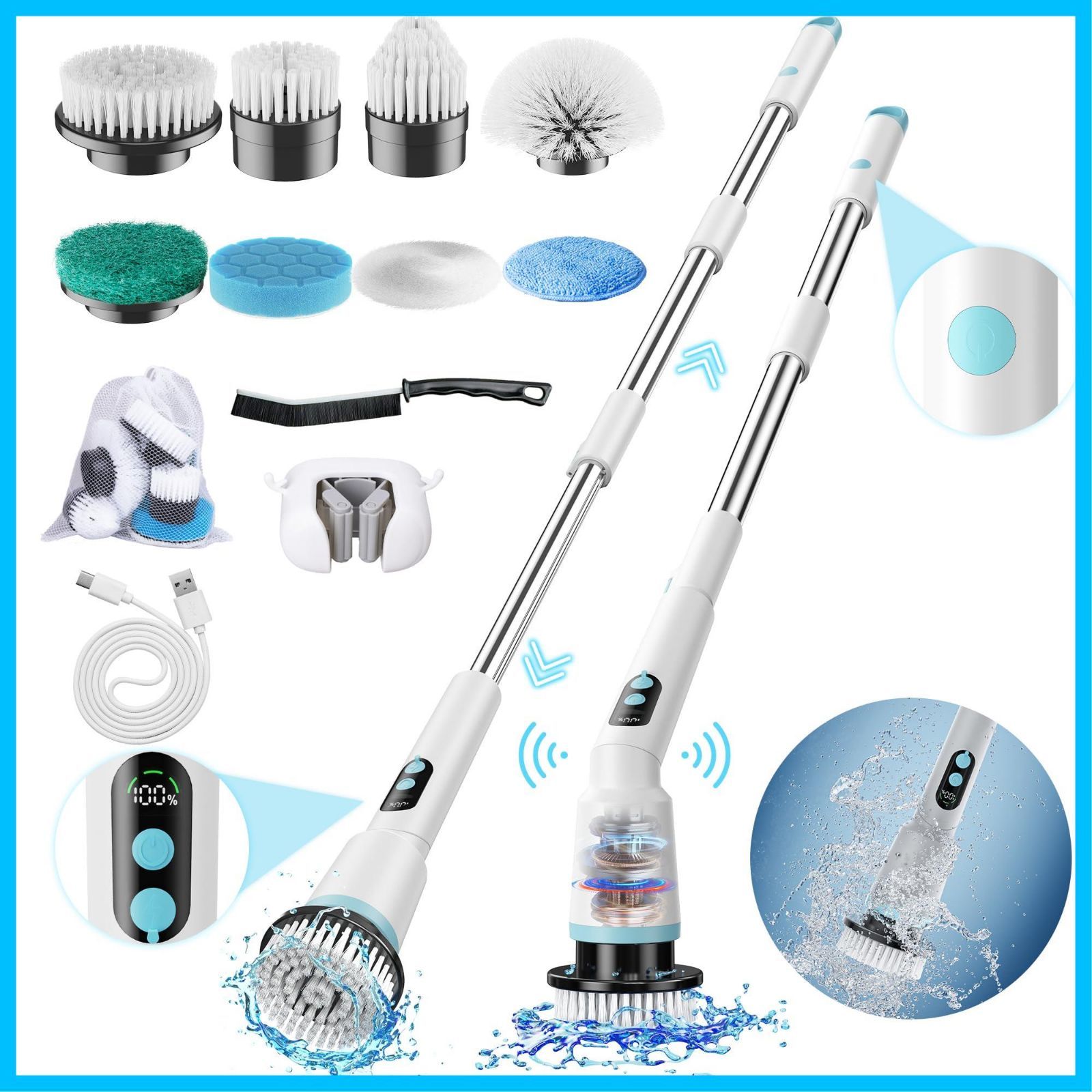 伸縮式で長さ調節 120°と180°二つの角度調整 3段階回転速度 IPX7防水 2つの制御方法 LEDディスプレイ 収納袋付き 最大150分間連続使用 強力 手持ち 9つの取り替えブラシ付き 床 窓 壁 台所 バスポリッシャー 玄関の掃除 浴槽磨