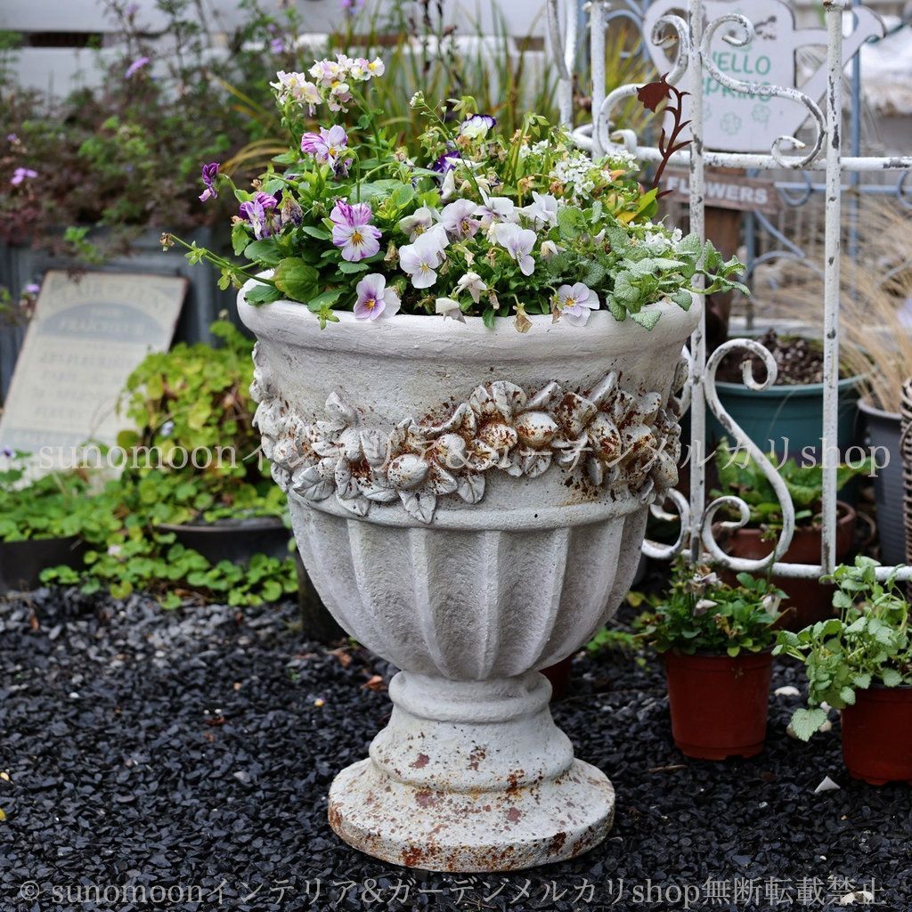エレガント シャビーシック プランター インテリア ガーデン ホワイト ガーデンインテリア レリーフ 彫刻 ガーデニング 8-14 お洒落 おしゃれ 白 庭の装飾 シャビー加工 ガーデン雑貨 雑貨 ヴィンテージ調