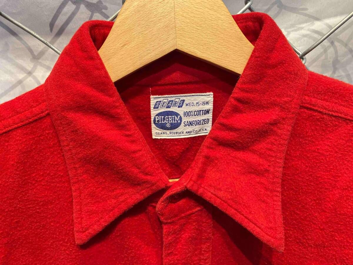 60s Pilgrim レッド ワイシャツ 15-M-15½ 1960s【PILGRIM】チェーンステッチ刺繍ボックスシャツ - 古着屋