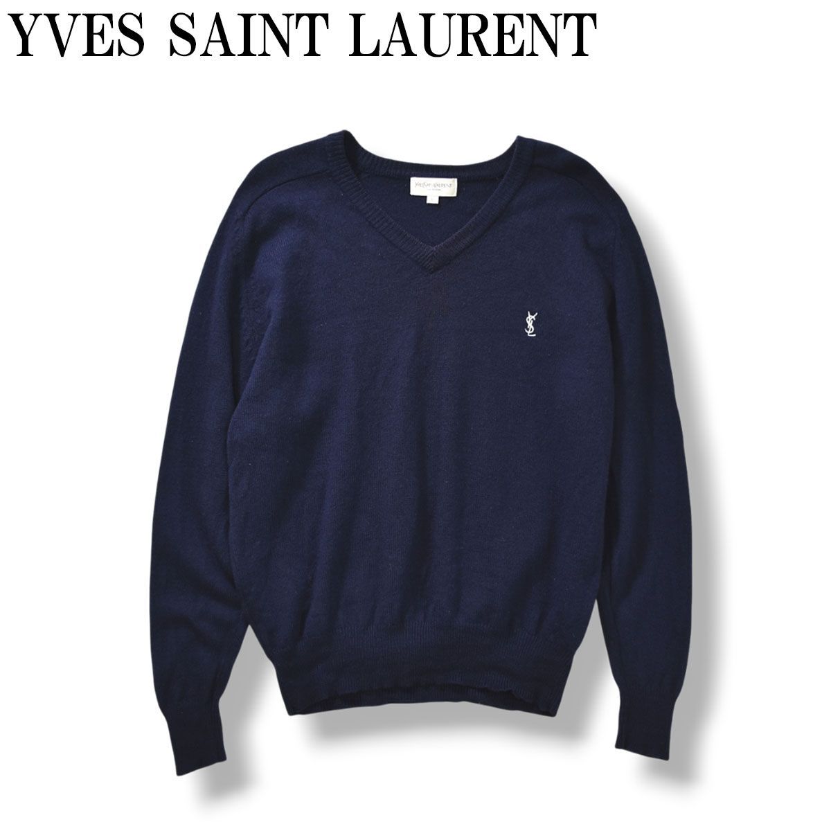 90sヴィンテージ イヴサンローラン プール オム YVES SAINT LAURENT pour homme YSL刺繍ロゴ Vネック ラムウール セーター トップス 秋冬 L ネイビー メンズ