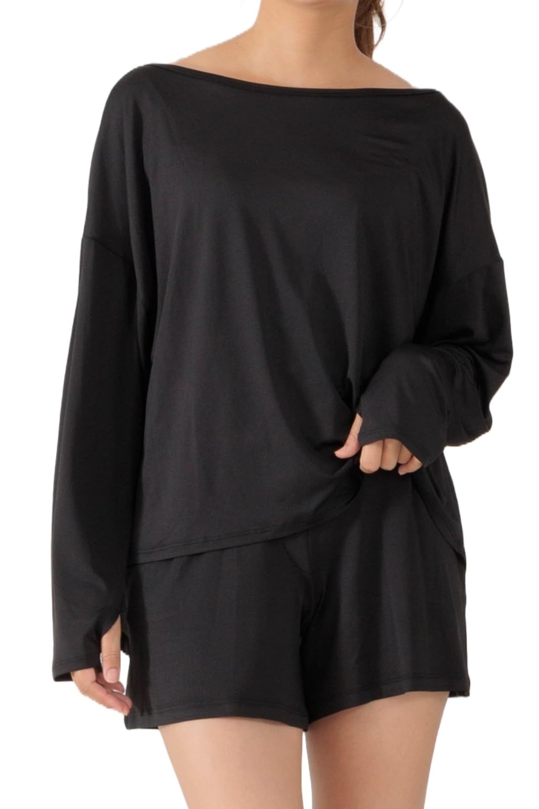 [MORE AUNI] ラッシュガード レディース セットアップ 水着 体型カバー UPF50+ 接触冷感 Q-max 98% uvカット 夏 オフショルダー パンツ 日焼け 止め 防止 暑さ対策グッズ 長袖 指穴付き  [ブラック / 826