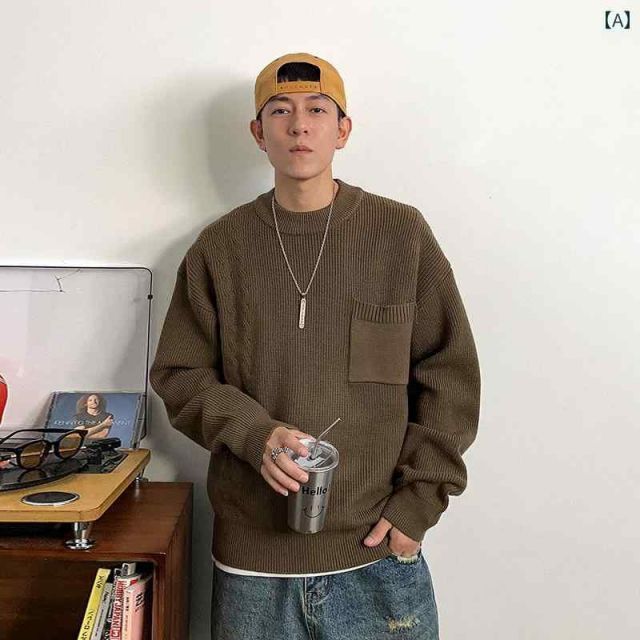 秋冬 コーデ メンズ 服 シンプル ファッション オシャレ 大人 かっこいい 大きいサイズ ストリート 紳士服 ニット ポケット プルオーバー セーター カジュアル インナー トップス