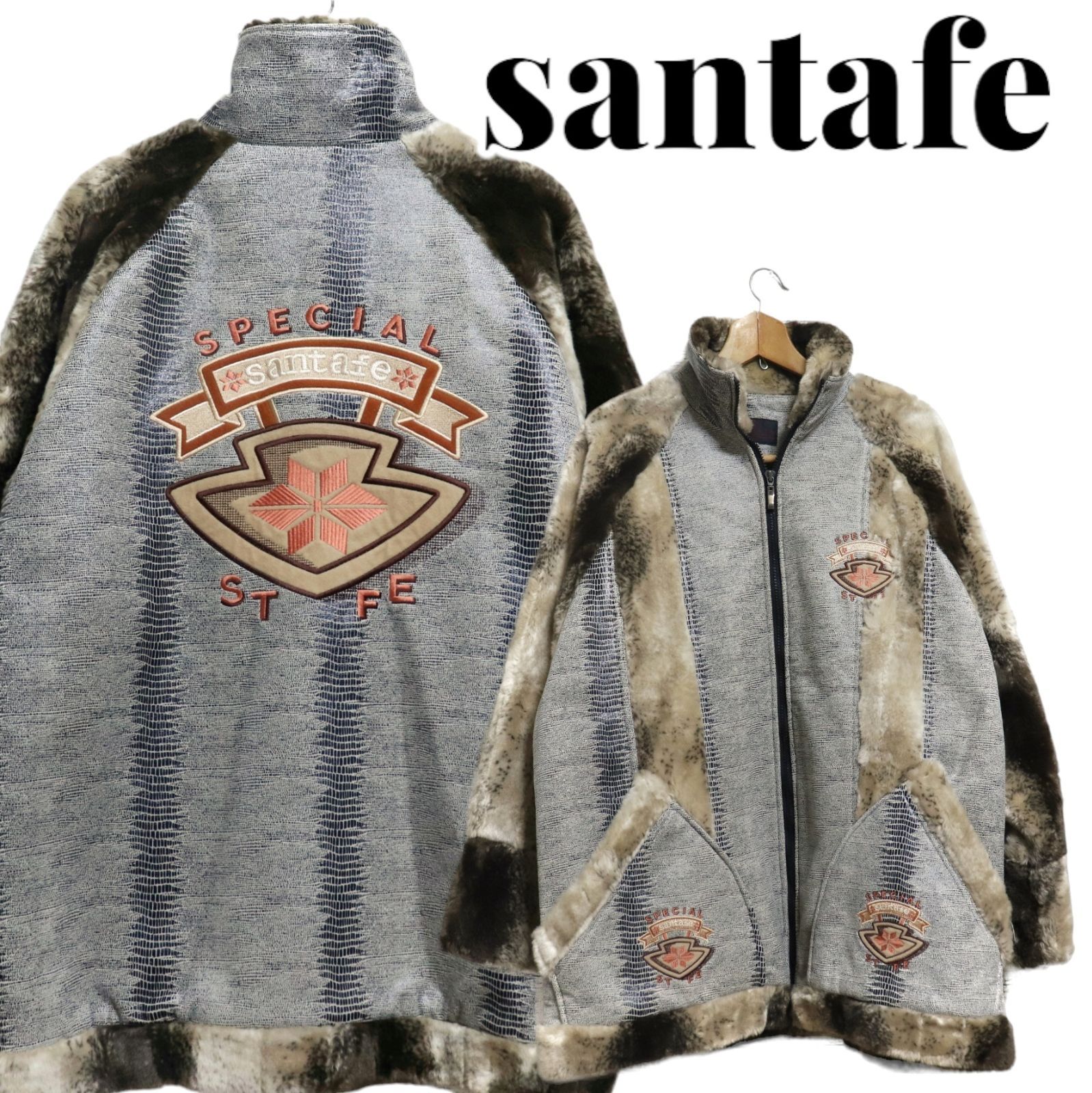 santafe サンタフェ デカ刺繍 切替 部分ボア ジップアップ ジャケット 