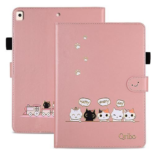 Qribo iPad 9.7 ケース iPad 6世代 ケース iPad 第5世代 ケース シンプルなのに可愛いデザイン エンボス加工猫柄 うれしい気持ち 9.7インチ対応 iPad air2 ケース iPad Pro 9.7 ケース 複数の視野角 スリム