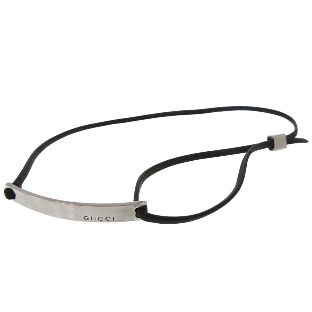 グッチ ロゴ プレート チョーカー ネックレス シルバー925 レザー ブラック 1708 GUCCI